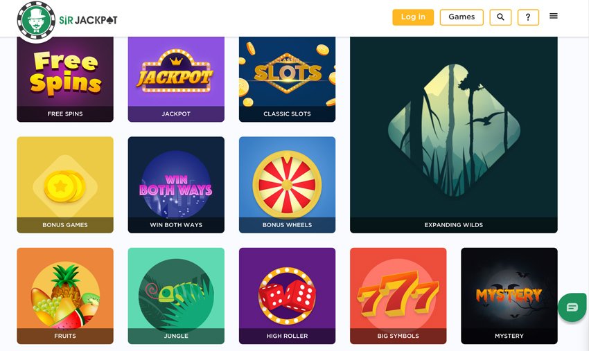 Sir Jackpot casino game categories