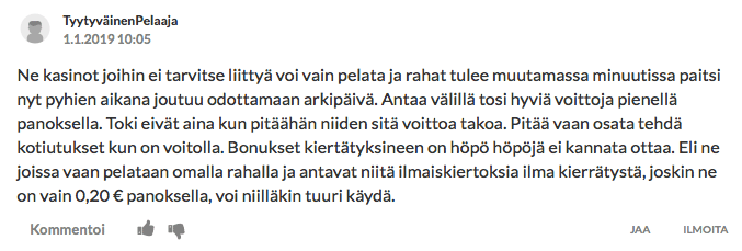 No Registration -kasinoiden kommentteja